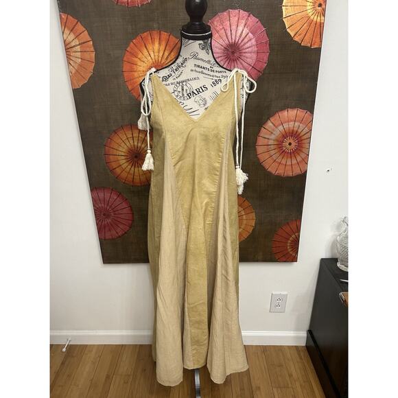 Boho Maxi 100% Cotton Shoulder Tassel Deep V-Neck Vacation Dress Fairycore Sz M - Picture 1 of 5